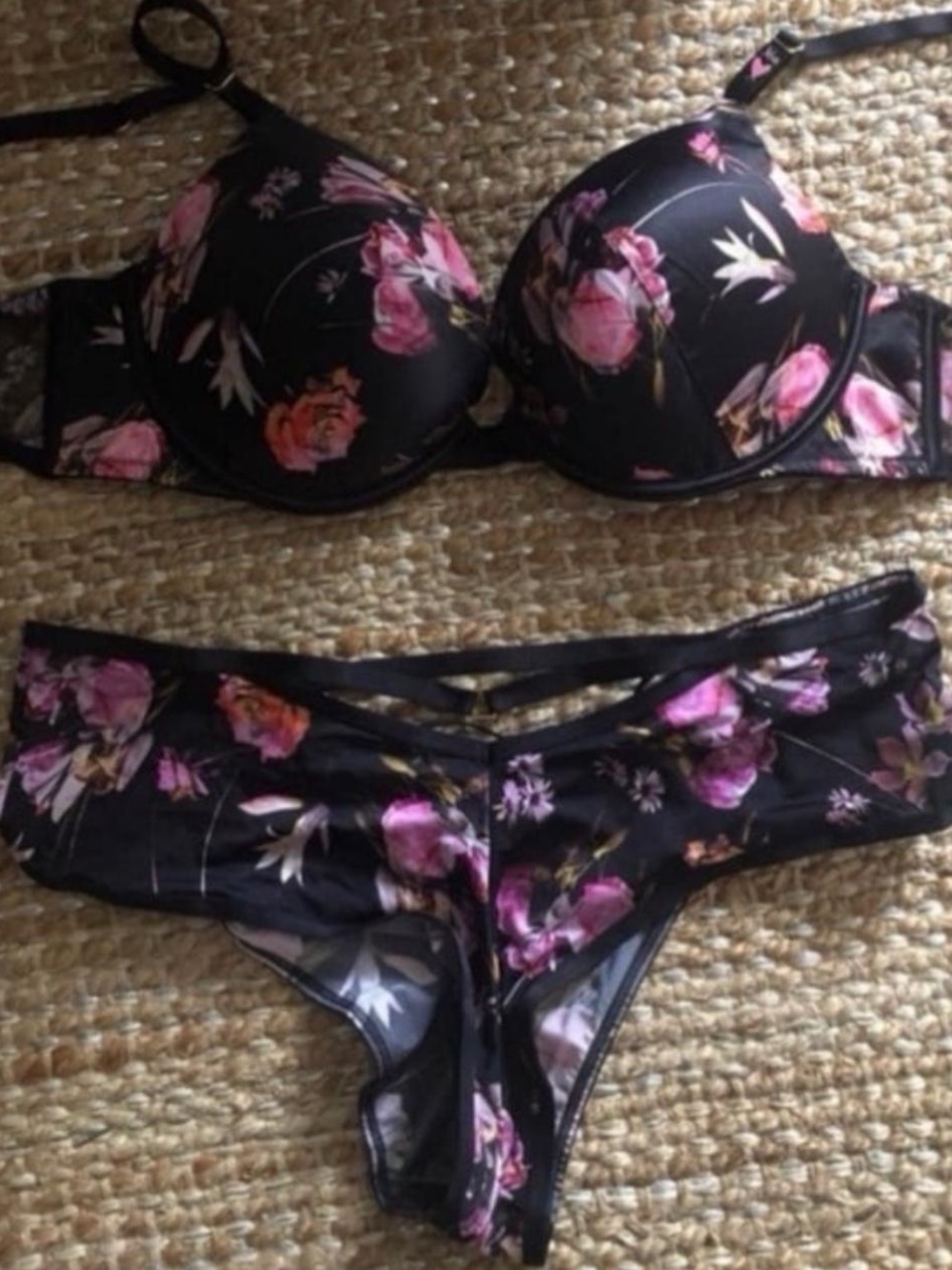 Victoria's Secret Black Floral Push-Up Bra & Panty 36B/L